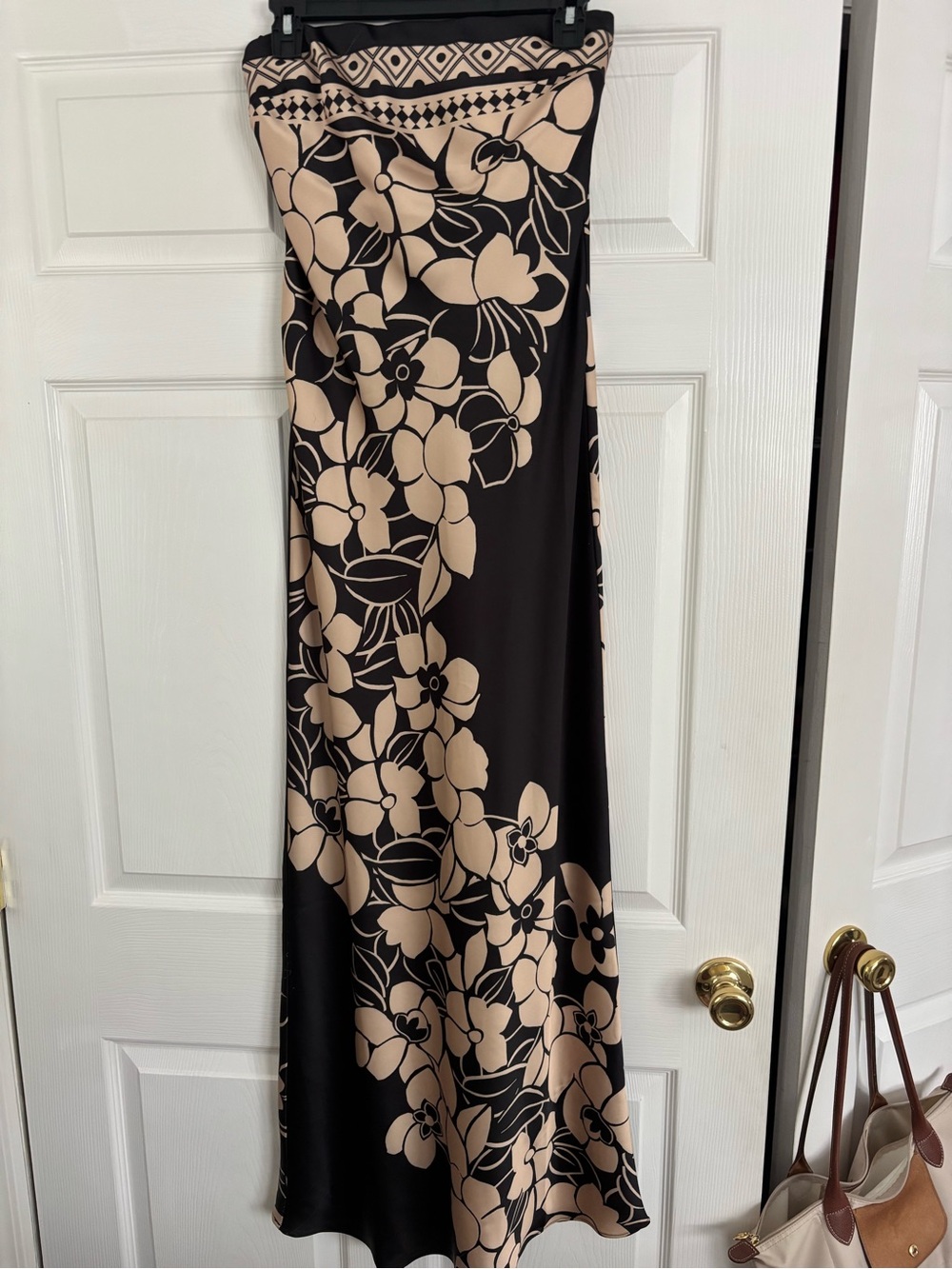 Anthropologie Black and Beige Strapless Floral Maxi Dress